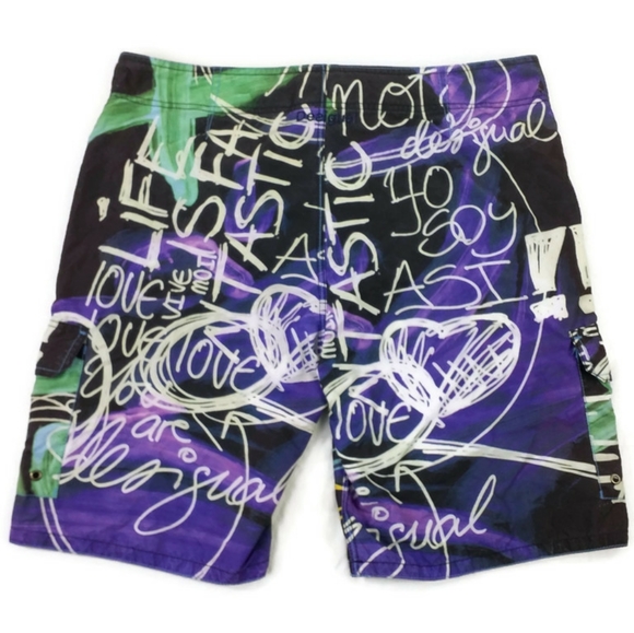 VTG Desigual Multicolor Graffiti Print Mesh Lined Long Length Swim Trunk Mens XL - Picture 2 of 16